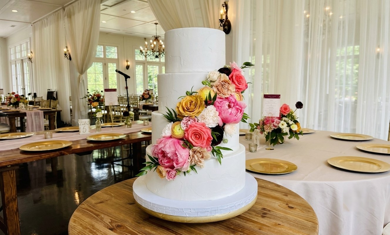 Three-tier wedding cake with cascading fresh florals